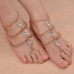 Enkelbanden Kunjoe Nieuwe Luxe Voet Ketting Kristal Enkelband Bruids Strand Bruiloft Barefoot Sandalen Decoratie Enkelband Vrouwen Partij Sieraden 230607