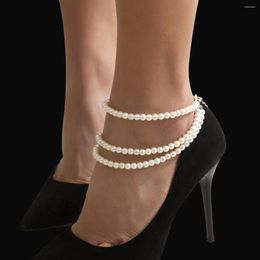 KunJoe femmes cheville Vintage élégant multicouche Imitation perles chaîne chaussure à talons hauts sur pied bijoux accessoires