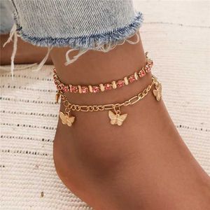 Anucletas Letapis New Red Crystal Ankle Bracelet adecuado para mujeres Gold Butterfly Multi-capa para mujer Joya de tobillo de las piernas simples D240517