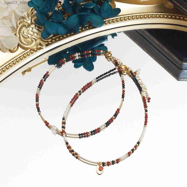 Bracelets de cheville Lii Ji noir spinelle rouge jaspe 2mm perlé cheville 24 + 3 cm fait à la main Bohe bijoux de mode pour femme Q231113