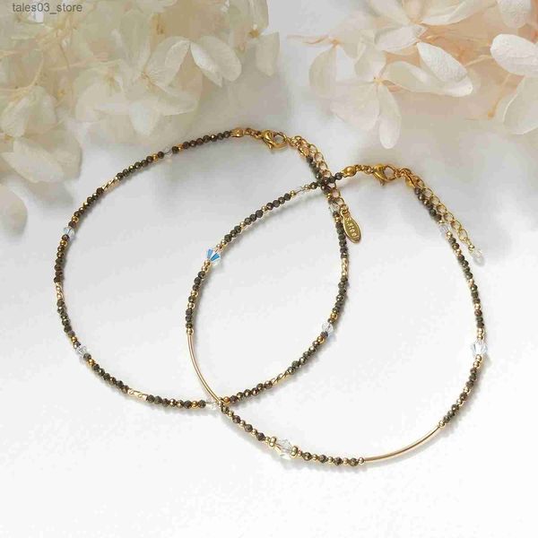 Bracelets de cheville Lii Ji Pyrite pierre naturelle 2mm avec cristal perlé cheville 24 + 3 cm fait à la main Bohe bijoux de mode pour femme Q231113