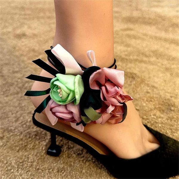 Tobilleras cadenas de cuerda larga con tobillera de flores grandes para mujer pulseras de tobillo elegantes en la pierna accesorios de zapatos de tacón alto de verano para mujer