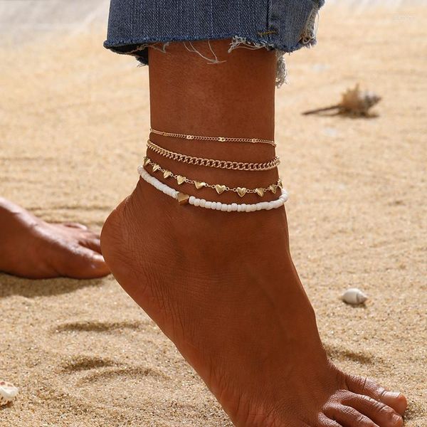 Anucletas Amor Heart Anklet Juego para mujeres pulseras ajustables de múltiples capas en la pierna Joyería de playa E083