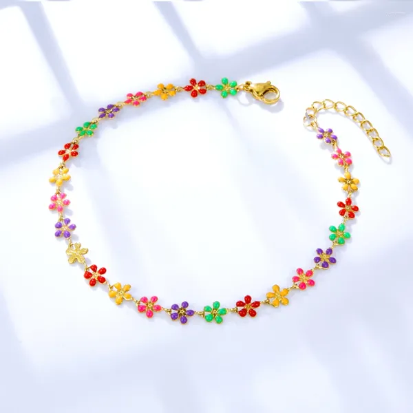 Bracelets de cheville de luxe Boho coloré fleur cheville pour femmes filles marguerite en acier inoxydable chaîne de plage sur la jambe bijoux imperméables