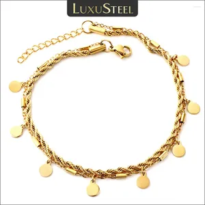 Enklets Luxusteel dubbele laag muntschijf hanger goud kleur roestvrij staal anti-allergische touw ketting been voet armband sieraden