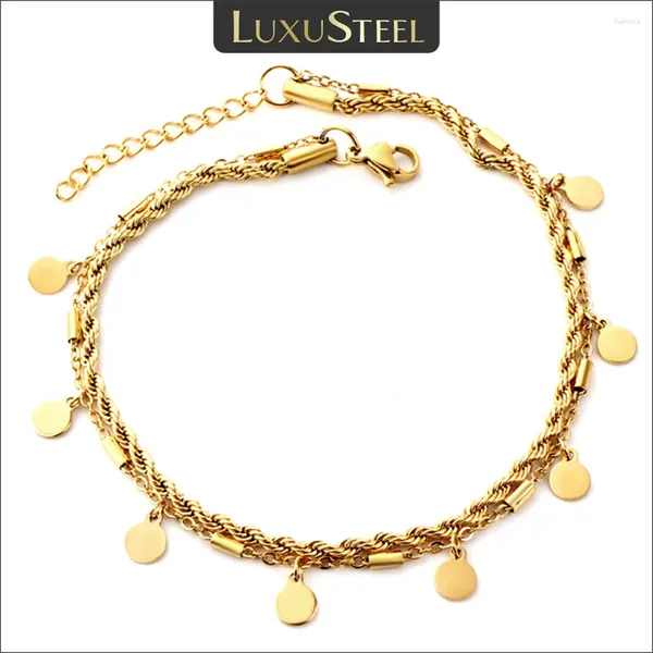 Anucletas Luxusteel Doble de doble capa Disc de colección Color de oro de acero inoxidable Cadena anti-alérgica Pulsera de pie de la pierna Joyería