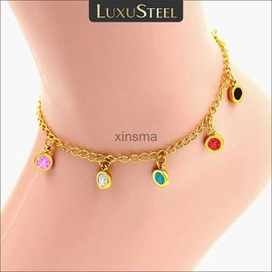 Enkelbanden LUXUSTEEL Hot Verkoop Mode Enkelbanden Goud Kleur Ronde Kleurrijke Kristallen Hanger Ketting Enkelbandje Voor Vrouwen/Meisje Kerstcadeau YQ240208