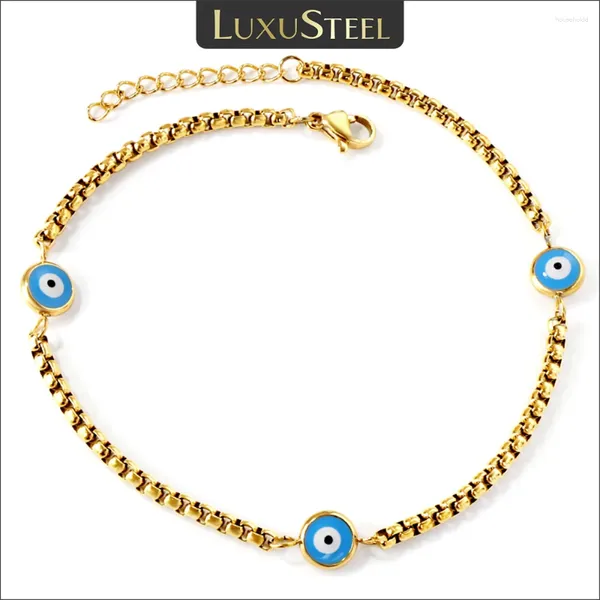 Tobilleras LUXUSTEEL Lucky Turkish Evil Eyes Pulsera de tobillo para mujer Caja Enlace Cadena de pierna Acero inoxidable Accesorios de verano impermeables