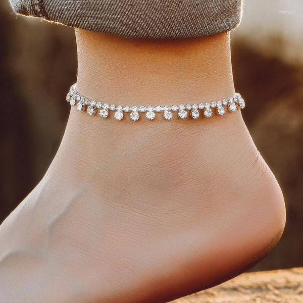 Bracelets de cheville Minar personnalité brillant plein strass pour les femmes en gros argent plaqué alliage perlé cheville plage vacances accessoires