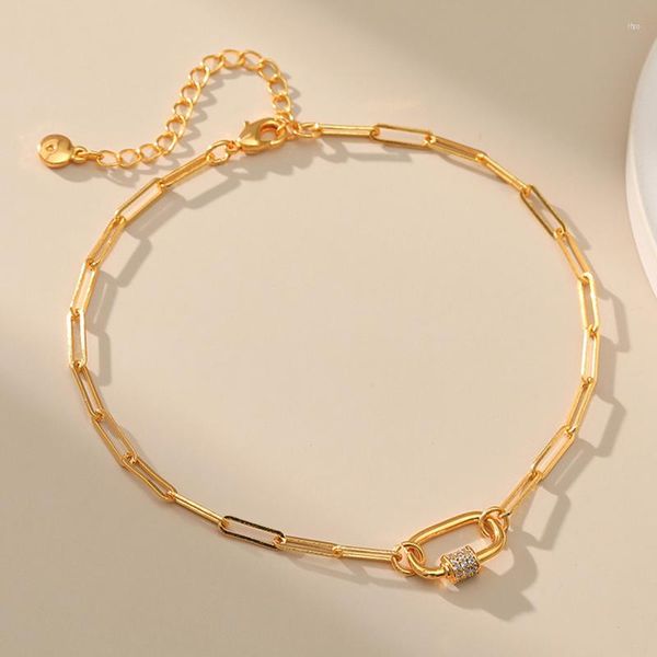 Bracelets de cheville Minimal évidé trombone chaîne femmes avec zircon cubique blanc Style européen 18k plaqué or métal cheville