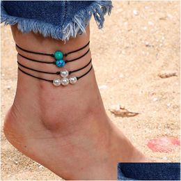 Bracelets de Cheville Minimaliste Turquoise Perle Perle Bracelet De Cire Pour Les Femmes Pierre Charme Pendentif Bracelets Boho Bijoux 4 Pcs / Ensemble Drop Deliv Dhgarden Dhm4X