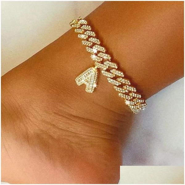 Bracelets de cheville mm bricolage or couches initiale chaîne à maillons cubains glacé pour les femmes bracelet de cheville bracelet en acier inoxydable bijoux bracelets goutte Deli Dhowc