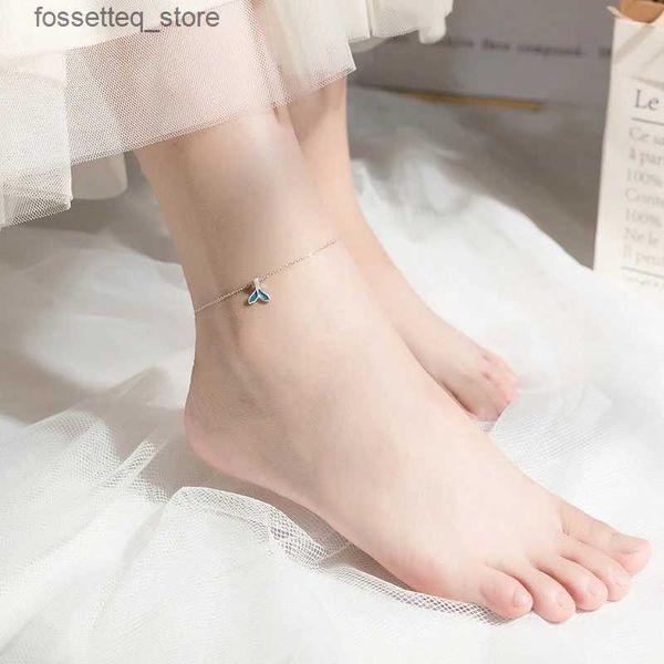 Anklettes Modian Bule ENAMEL Mermaid Tail Anklet for Women Authentic 925 Silver Silver Simple Animal Link Chain Anklet Fine Jewelry Gift L46