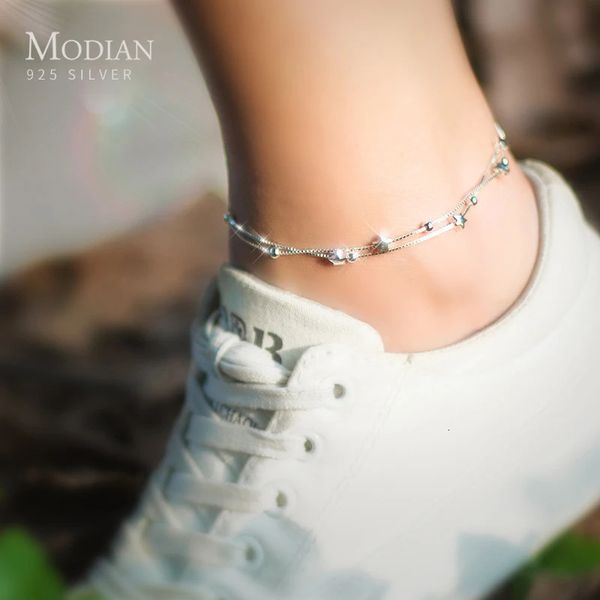 Tobilleras Modian Doble Capa Cuentas Estrellas Tobillera Para Mujeres Genuino 925 Plata Esterlina Moda Pie Pierna Cadena Enlace Joyería Fina Regalos 231211