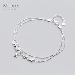 Enkelbanden Modian Mode Sterling Zilver 925 Plant Enkelband voor Vrouwen Boomtak Bladeren Kleine Bal Eenvoudige Enkelband Fijne Sieraden 230715