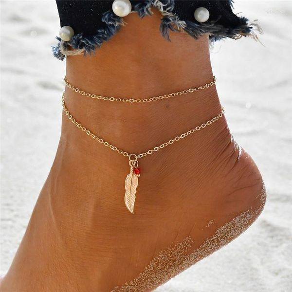 Bracelets de cheville Modyle couleur or feuille plume pour femme Bracelets pied jambe bijoux Double chaîne perles rouges