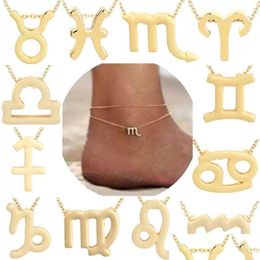 Bracelets de cheville Mtilayer 12 Constellation Zodiac Anklet Gold Sier Summer Beach Lettre Chaîne de pied pour femmes Dames Bijoux Astrologiques Drop D Dhnlr