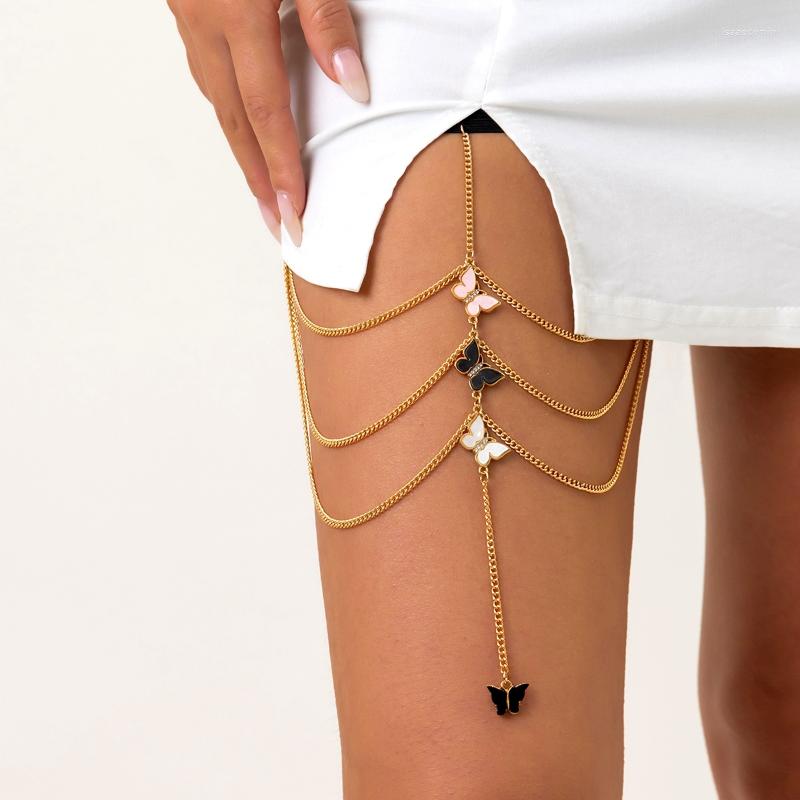 Cavigliere Multistrato Metallo Coscia Catena Accessori per gioielli per il corpo Ciondolo a farfalla color oro Nappa per le donne Chaine De Cuisse