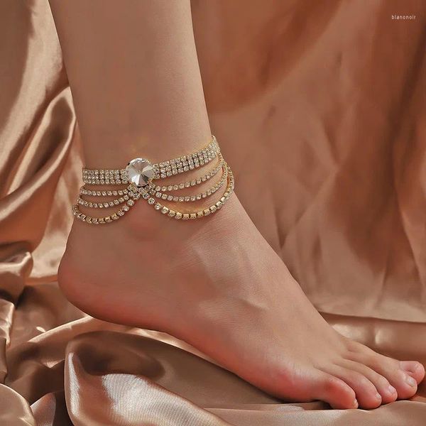 Tobilleras Tobillera con borlas de diamantes de imitación multicapa, elegante pulsera de tobillo de cobre para mujeres y niñas, 1 pieza, accesorios de boda