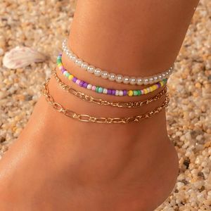 Bracelets de cheville multicouche perles de riz chaîne coquille ensemble de cheville pour les femmes exquis Imitation perle mer Bracelet sur jambe pied bijoux d'été