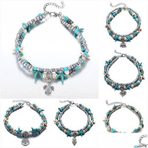 Enklets Nieuwe Boheemse turquoise armbanden retro olifant schildpad zeesterboom van leven uil hart vrouwen strand voetketen voor dames drop dhbyz