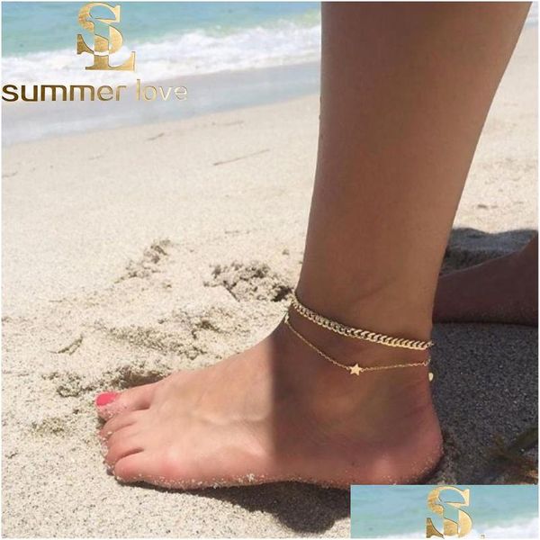 Tobilleras Nueva Moda Doble Capa Estrella Colgante Pulsera De Tobillo Para Mujeres Cadena Goldsier Joyería De Pie De Playa De Verano Al Por Mayor D Dhgarden Dhte3