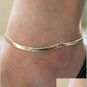 Tobilleras Nuevo Fino Sier / Chapado en oro Ajustable Cadena de serpiente plana Tobillera Pulsera Mujeres Simple Pie delicado Verano Playa Pies Joyería Dhj68