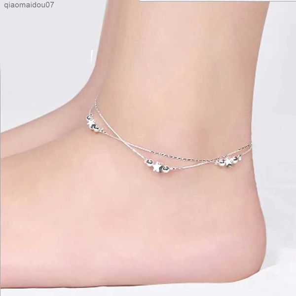 Tobilleras Nueva joyería sexy para pies descalzos pulsera plateada con cuentas de estrella pulsera de tobillo de doble capa adecuada para mujer pulsera de tobillo de plataL2403