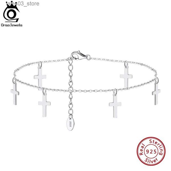 Bracelets de cheville ORSA JEWELS 925 en argent Sterling 1mm chaîne de câble avec 5.4*11mm croix cheville Simple cheville bijoux pour femmes cadeau d'anniversaire SA28 Q231113