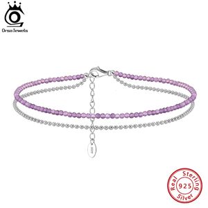 Tobilleras ORSA JEWELS 925 Tobilleras de amatista genuina de plata esterlina con cadena de bolas para mujer Moda Summer Beads Pulsera de tobillo Regalo SA45 230715