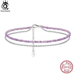 Enkelbanden ORSA JUWELEN Gelaagde Ball Chain Amethyst Chain Enkelbanden 925 Zilver Verstelbare Vrouwen Enkelbandje Armband Zomer Barefoot Sieraden SA45