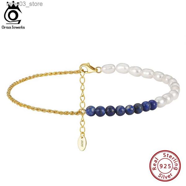 Bracelets de cheville ORSA JEWELS argent 925 Lapis Lazuli perles naturelles chaîne bracelets de cheville pour les femmes mode été 14K or cheville sangles bijoux SA56 Q231113