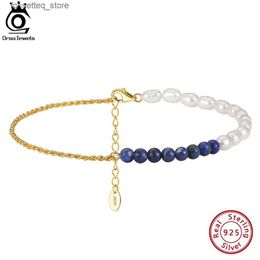 Anklets Orsa Jewels Silver 925 Lis Lazuli Natural Pearls Chain Enklets for Women Fashion Summer 14K Gold enkel strs sieraden SA56 L46