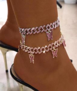 Chevilles en strass rose papillon chaîne de liaison cubaine pour femmes coloride en métal bracelet de cheville punk punk