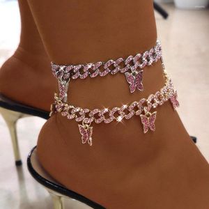 Enkelbanden Roze Strass Vlinder Cubaanse Schakelketting Voor Vrouwen Goud Zilver Kleur Metalen Chunky Enkelband Mode Punk Sieraden