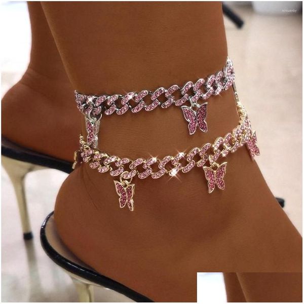 Tobilleras Rosa Rhinestone Mariposa Cadena de eslabones cubanos para mujeres Oro Sie Color Metal Chunky Tobillo Pulsera Moda Punk Joyería Drop Del Dhame