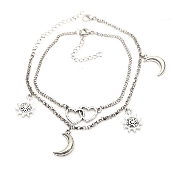 Bracelets de cheville plaqué Sier femmes chaîne de cheville bijoux en métal lumière du soleil croissant de lune amour coeur bracelets de cheville style simple 1 7Hy J2B Drop Delivery Dhdrz