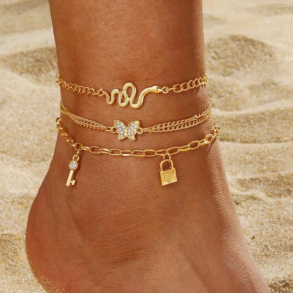 Tobilleras Punk con cerradura de llave multicapa para mujer, tobillera con cadena de serpiente, tendencia 2024, pulsera de concha de mariposa de Color dorado, joyería de playa