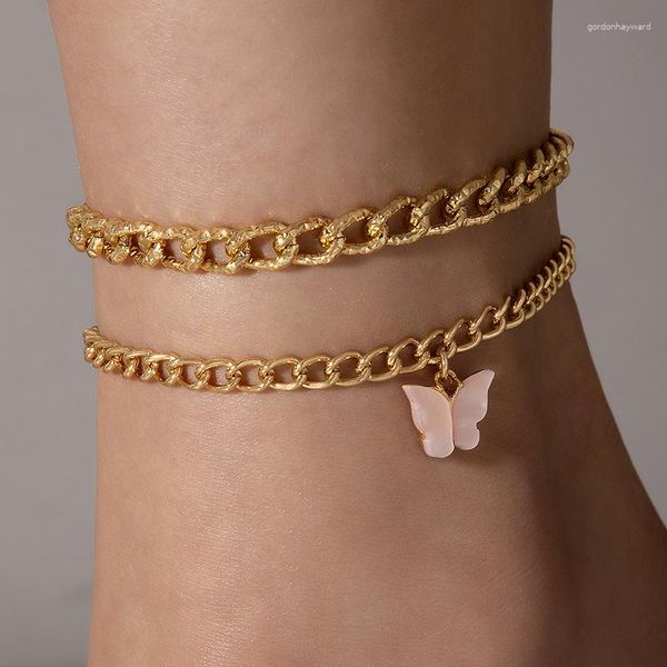 Bracelets de cheville Punk chaîne épaisse rose papillon pendentif multicouche pieds pour femmes géométrique alliage brique incrusté deux couches cheville
