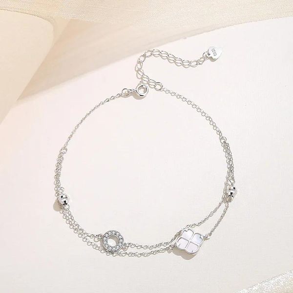 Tobilleras Tobillera de trébol de cuatro hojas de doble capa de Plata de Ley 925 auténtica, delicada pulsera de tobillo de nácar blanca, cadenas para pies para mujer