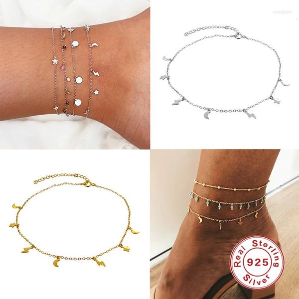 Chevilles Real 925 Sterling Silver Pulseras Foot Foot Ins Moon Star Chain de cheville pour le cadeau de la Saint-Valentin pour femmes Lovers