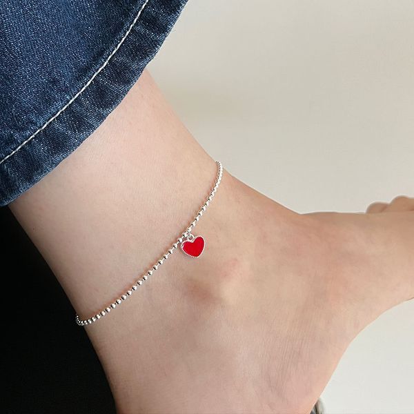 Bracelets de cheville en argent sterling 925 véritables bracelets de cheville coeur rouge femme perles bracelet de cheville sur la jambe chaîne femmes pieds nus bijoux d'été 230808