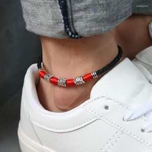 Tobilleras Hilo rojo Tobillo para hombres Cuero negro Lukcy Coin Charm Tobillera Pulsera Adolescentes Niños Punk Hip-hop Joyería Artículos al por mayor