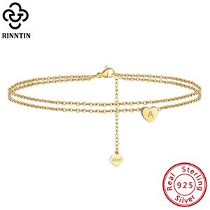 Enkelbanden Rinntin 925 Sterling Zilver Fashion Letter Initial Heart Anklets for Women 14K Gold Ankle Chain Bracelet Barefoot Sieraden SA18 230731