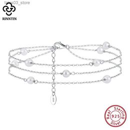 Rinntin 925 en argent Sterling trois couches de perles naturelles bracelets de cheville pour les femmes mode pied Bracelet cheville sangles bijoux SA52 Q231113