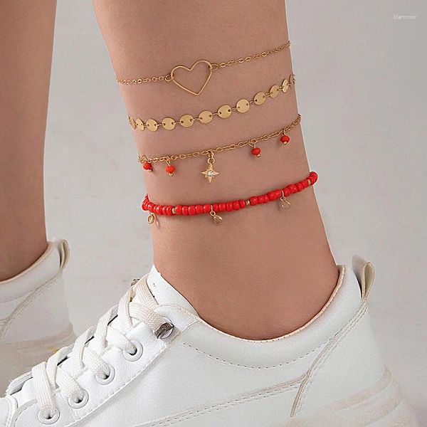 Tobilleras Romántico Clásico Corazón Estrella Tobillera Conjunto Para Mujer Niña Encantos Cuentas Rojas Geométricas Multicapa Cadenas De Pie Joyería 24879