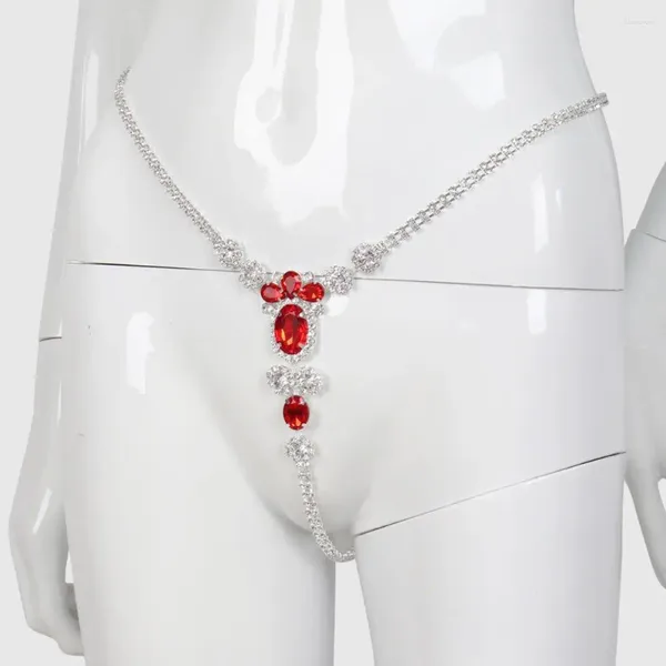 Tobilleras Sexy Cadena de cuerpo Lencería Red Crystal Thong Bragas Joyería para mujeres Rhinestone Belly Cintura Regalo Color Plata