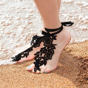 Tobilleras Sexy encaje nupcial sandalias descalzas bordado Floral tobillera con anillo de dedo del pie esclavo verano playa pie joyería