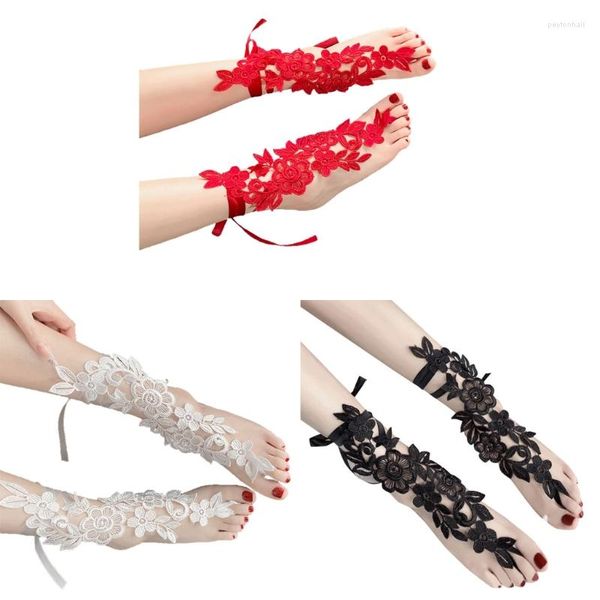 Bracelets de cheville Sexy dentelle broderie cheville avec anneau d'orteil romantique Floral pieds nus sandales esclave mariée mariage pied bijoux