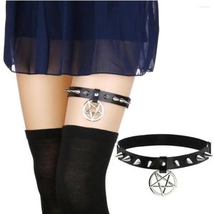 Enklets Sexy Rock Punk Spike Garter Belt Rivets Leg Digh Harness Pentagram Black Pu Leather Women Girls Goth Accessoires